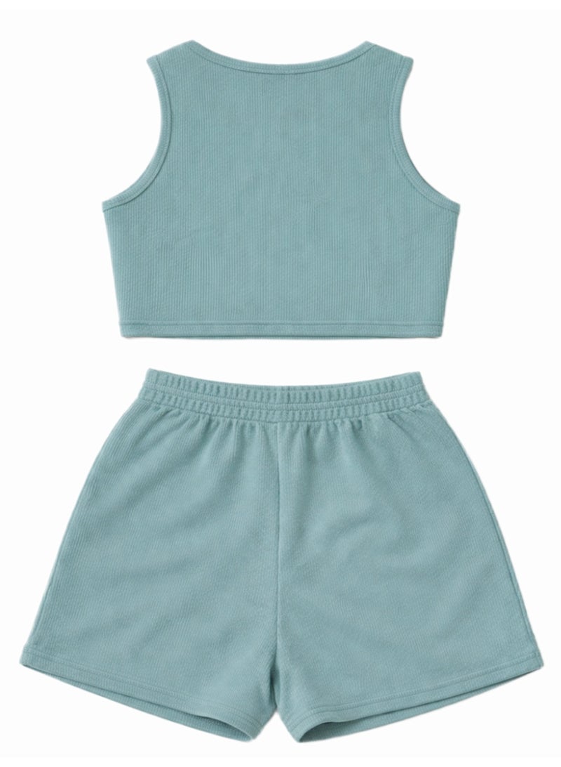 نايلتون طقم ملابس بناتي مكون من توب قصير مضلع وشورت عالي الخصر.  طقم ملابس كاجوال للأطفال - توب قصير وشورت برباط - Image 3